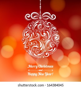 Vector background with Christmas decoration for your design. Vintage ornamental balls and bow on defocus background. Happy New Year greeting card