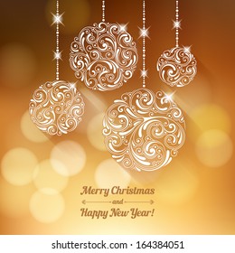 Vector background with Christmas decoration for your design. Vintage ornamental balls and bow on defocus background. Happy New Year greeting card