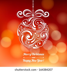 Vector background with Christmas decoration for your design. Vintage ornamental balls and bow on defocus background. Happy New Year greeting card