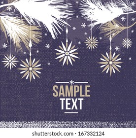 Vector background with christmas decoration for your design. Vintage ornamental balls and bow on defocus background. Happy New Year greeting card