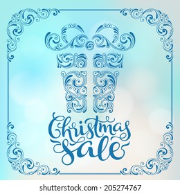 Vector background with christmas decoration for your design. Vintage ornamental gift box on defocus background. Holidays sale discount card