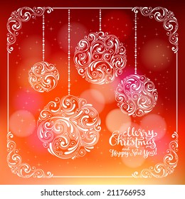 Fondo vectorial con decoración de Navidad para su diseño. Bolas ornamentales vintage sobre fondo de foco. Feliz año nuevo, tarjeta de bienvenida