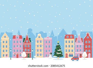 vector background with Christmas landscape with houses in snow for banners, cards, flyers, social media wallpapers, etc.