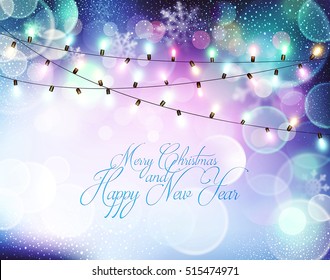 Vector background for Christmas and New Year. Bright, festive blue background with blur, garland and snowflakes