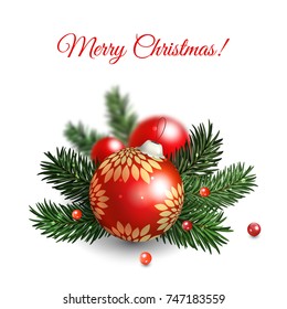 Vector background in Christmas and New Year style. Composition with fir tree branches and red balls 