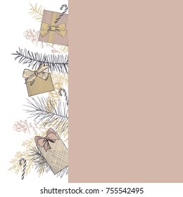 Vector background  with Christmas plants and gifts. Hand-drawn illustration.