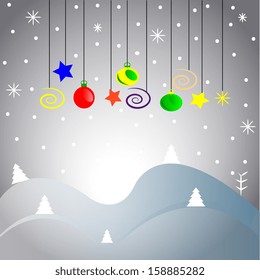 Vector Background Christmas Snow Scene With Ornaments