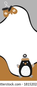 Antecedentes vectores de historias navideñas, plantilla para redes sociales al estilo del dibujo de mano simple escandinavo. Marcos de vacaciones en capas para fotos con personajes lindos - pingüino y mitones