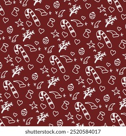 Vector background with Christmas theme. Christmas background. White hand drawn patterns on a dark red background. Christmas sock, typical candy, round decoration, Christmas tree