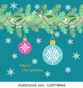 Vector background with christmas tree branches, balls and snowflakes