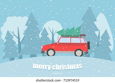 Vector Background With A Christmas Tree On A Car In The Forest