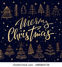 Vector background with Christmas trees and hand lettering. Seasonal winter texture. Christmas package, card, banner template. EPS 10