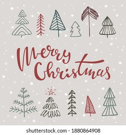 Vector background with Christmas trees and hand lettering. Seasonal winter texture. Christmas package, card, banner template. EPS 10