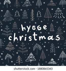 Vector background with Christmas trees and hand lettering. Seasonal winter texture. Christmas package, card, banner template. EPS 10