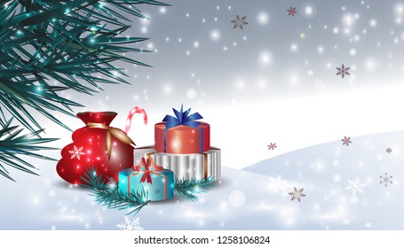 Vector background. Christmas winter landscape.Gifts under the tree.