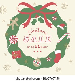 vector background with a Christmas wreath and ornaments for banners, cards, flyers, social media wallpapers, etc.