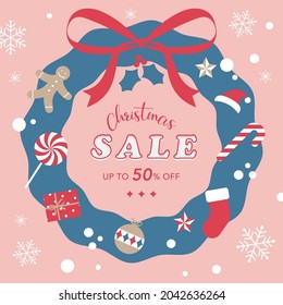 vector background with a Christmas wreath and ornaments for banners, cards, flyers, social media wallpapers, etc.
