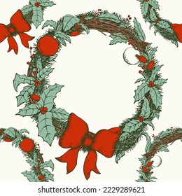 Vector background with Christmas wreaths. Cute Christmas and new year vector seamless pattern. Hand drawn pen and ink drawing. For wrapping, festive fabric, scrapbooking.