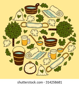 Vector background in circle shape with cartoon hand drawn sauna objects: broom, towel, hat, wisp, beer, steam. Relaxation, health care or treatment concept for your design