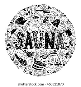 Vector background in circle shape with cartoon hand drawn sauna objects and hand lettering.