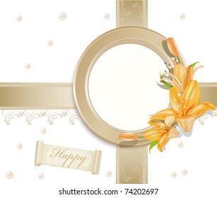 fondo vectorial con fotograma circular, lirios y perlas