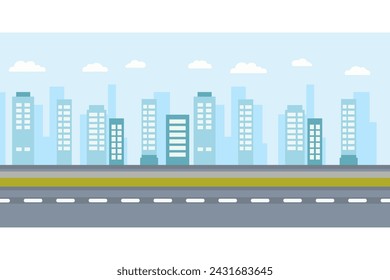 Vector background of the city in the fog. Road with markings.