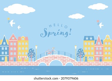 vector background with city landscape with a bridge and colorful houses along the canal for banners, cards, flyers, social media wallpapers, etc.