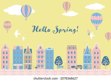 fondo vectorial con paisaje urbano con casas coloridas y globos de aire caliente para carteles, tarjetas, volantes, fondos de pantalla de medios sociales, etc.