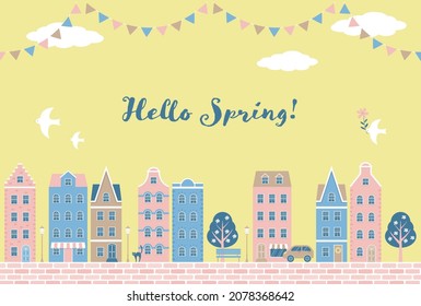 fondo vectorial con paisaje urbano con casas coloridas y banderas para carteles, tarjetas, volantes, fondos de pantalla de medios sociales, etc.