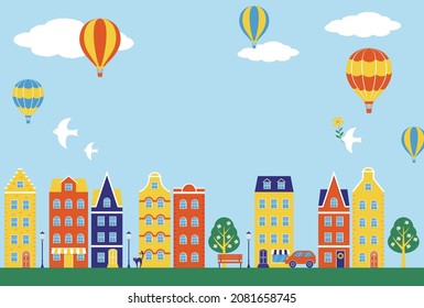 vector background with city landscape with colorful houses and hot air balloons for banners, cards, flyers, social media wallpapers, etc.