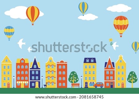 vector background with city landscape with colorful houses and hot air balloons for banners, cards, flyers, social media wallpapers, etc.