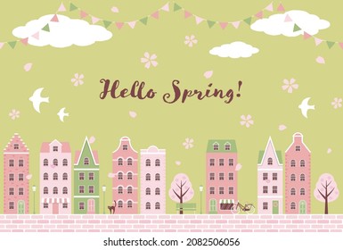 vector background with city landscape with houses and cherry blossoms for banners, cards, flyers, social media wallpapers, etc.