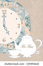 Vector background with a clock and ware on a beige with roses. 