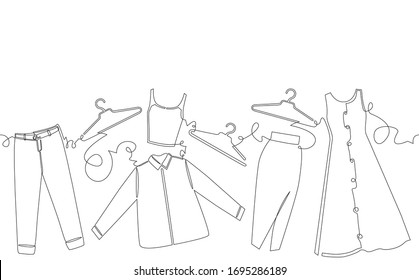 Vector Background with Clothes and Hangers. One line Continuous Drawing Style. Hand Drawing Pattern.