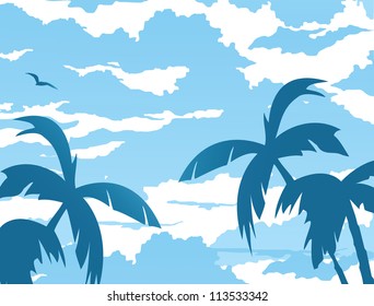 Vector background of clouds and palm trees with gull