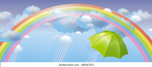 Vector background with clouds, rain and rainbow