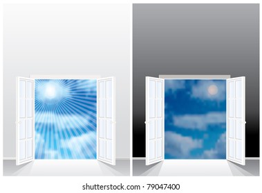 vector background with cloudy sky in day and night