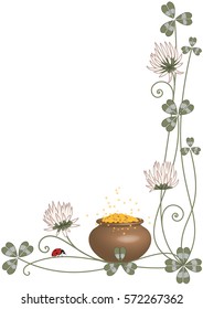 Vector background with clover, pot and ladybird for corner design