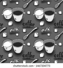 Vector background with coffee cups, milk jugs, beans, a spoon, coffee pots, sugar cubes, a grinder. Modern line style. seamless pattern