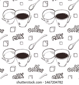 Vector background with coffee cups, milk jugs, beans, a spoon, coffee pots, sugar cubes, a grinder. Modern line style. seamless pattern