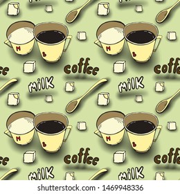 Vector background with coffee cups, milk jugs, beans, a spoon, coffee pots, sugar cubes, a grinder. Modern line style. seamless pattern