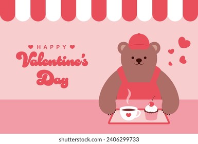 vector background with coffee and dessert set and teddy bear cafe staff for banners, cards, flyers, social media wallpapers, etc.