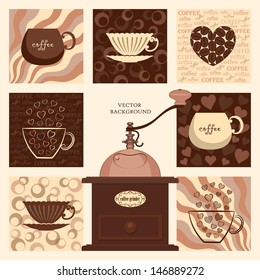 Vector background with coffee grinder and cups on brown and beige.