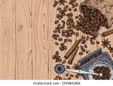 Vector background with a coffee grinder and scattered grains. Vintage color illustration on wood texture. Hand-drawn sketches engraving style. Top view. Template for design with space for text