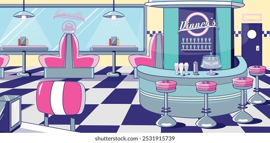 Fondo de Vector de una cafetería en el estilo de los años cincuenta. Este fondo de Vector contiene platos, mesas y pisos que recuerdan ese estilo. Una buena opción para la animación 2d.