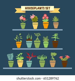 Vector background with Collection colorful silhouette of garden flowers  and  herbs plants in pot  - Illustration in flat style- illustration.