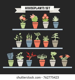 Vector background with Collection colorful silhouette of garden flowers  and  herbs plants in pot  - Illustration in flat style.