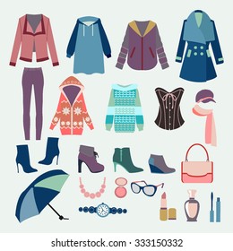 Vector of  Background with collection of winter clothes and accessories  for design fashion look. Woman Clothes collection  for design of Fashion boutique.