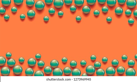 Vector background collection-contrasting green balls of vivid color realistic on orange background scattered on bottom and top, isolated vector illustration of 3D graphics