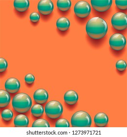 Vector background collection-contrasting green balls of bright color realistic on orange background, scattered at the corners of the diogonal, isolated vector illustration 3D graphics